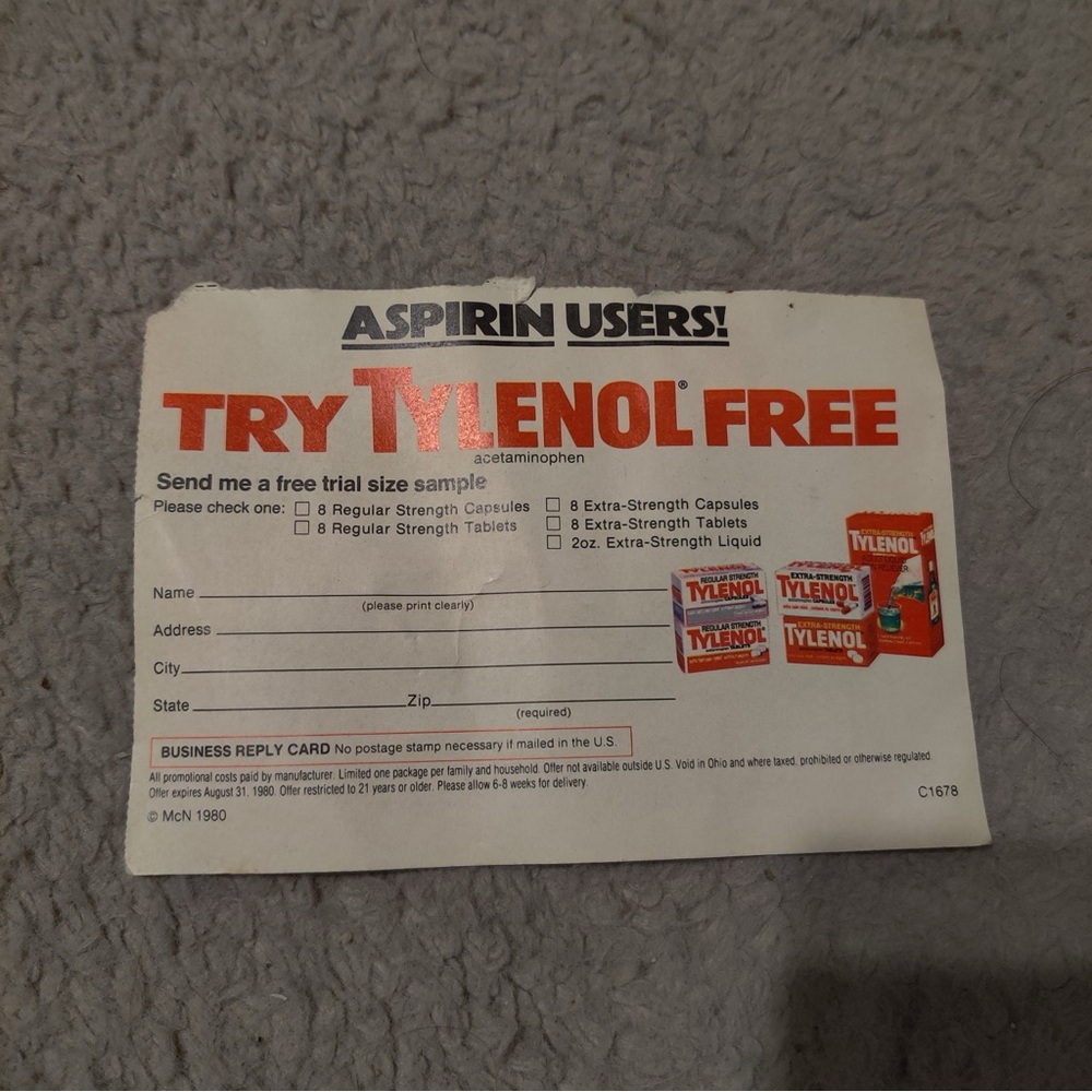1980 TYLENOL Ad Promotional Business Reply Card Asprin Users Try Tylenol Sample